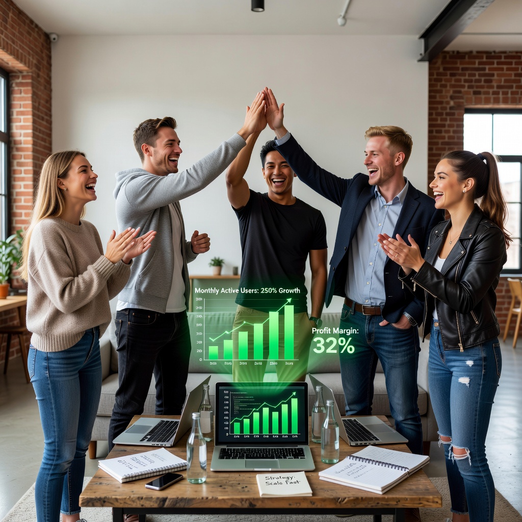 Group of cheerful young Asian and white men in a modern loft, high-fiving over laptops while their good-looking girlfriends laugh in the background, success charts projected on wall