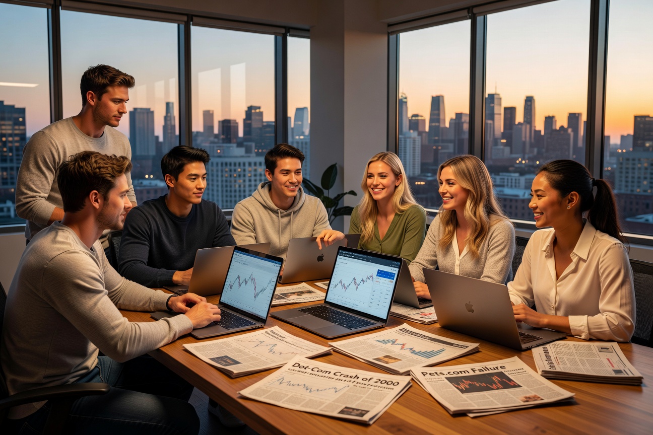 Young professionals charting financial paths amid AI market boom and dot-com relics