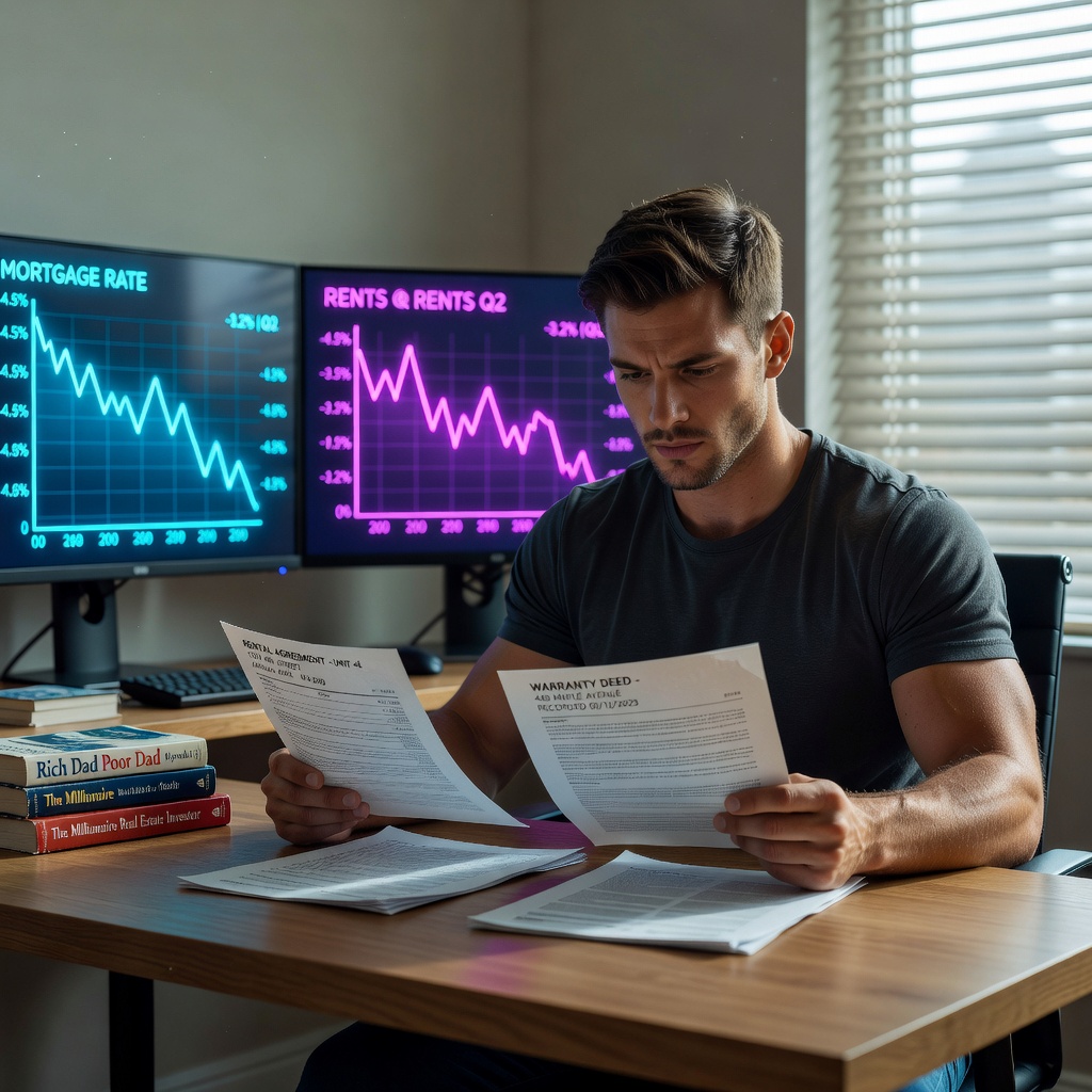 Young man at desk weighing rent contract against property deed under neon market graphs
