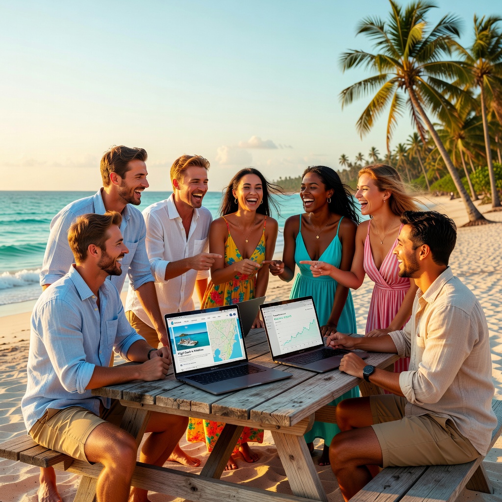 Group of young men and girlfriends planning trips and investments on a beachside laptop