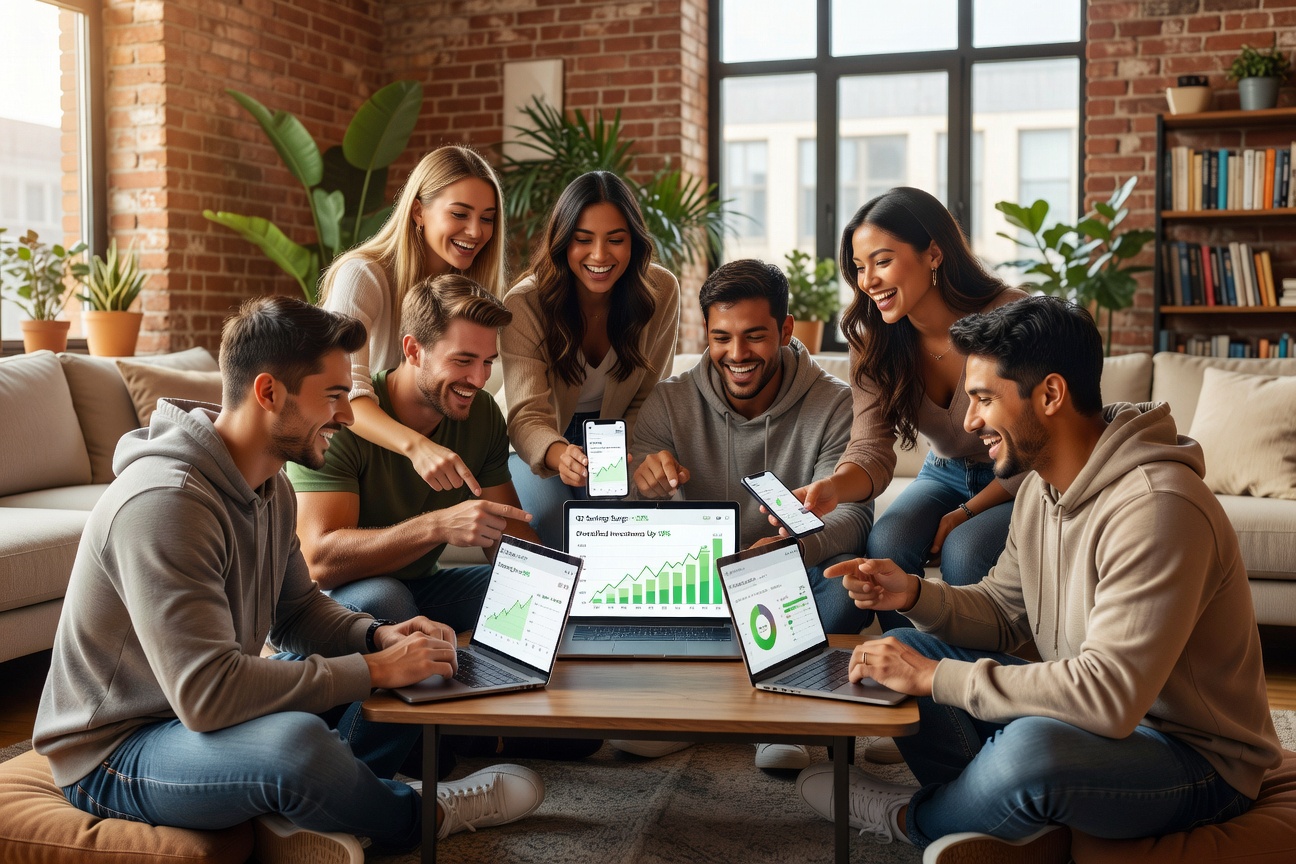 Young entrepreneurs reviewing fintech apps on laptops in a modern loft, surrounded by charts of rising savings balances