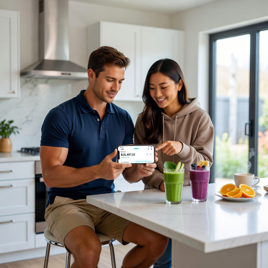 A healthy White man in his 20s analyzing Varo app charts on his phone, with his cheerful Asian girlfriend smiling nearby, modern kitchen background