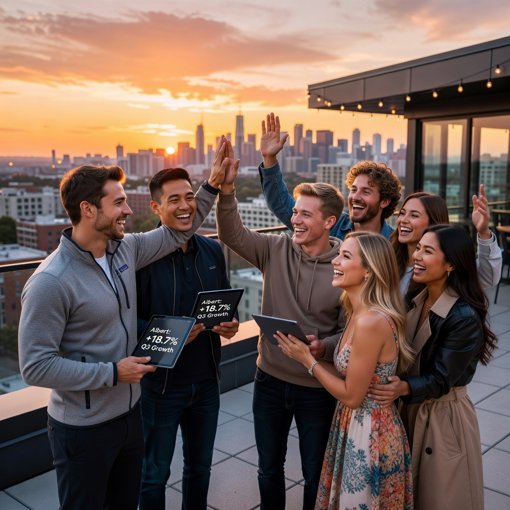 Group of healthy Asian and White men (70/30) high-fiving over Albert app success on tablets, with good-looking cheerful girlfriends cheering in background, urban rooftop setting
