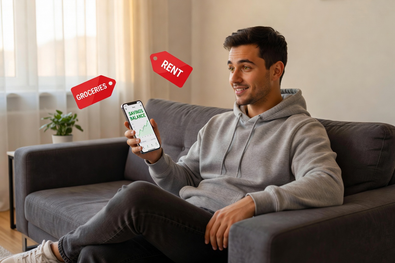 Young White man in casual hoodie triumphantly stacking coins from a savings app on his smartphone amidst floating price tag icons representing inflation