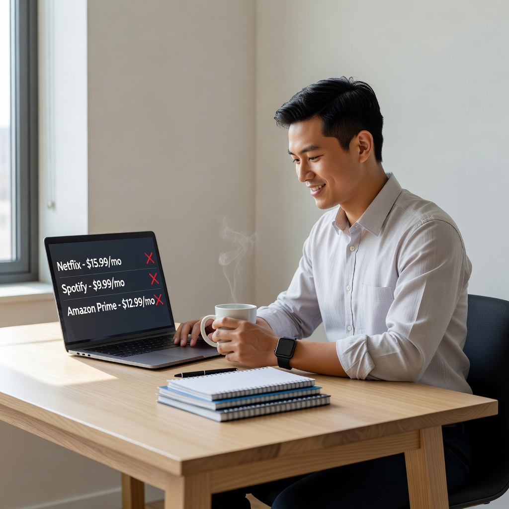 Asian young adult in modern apartment auditing subscriptions on laptop, red X marks over canceled services, minimalist style