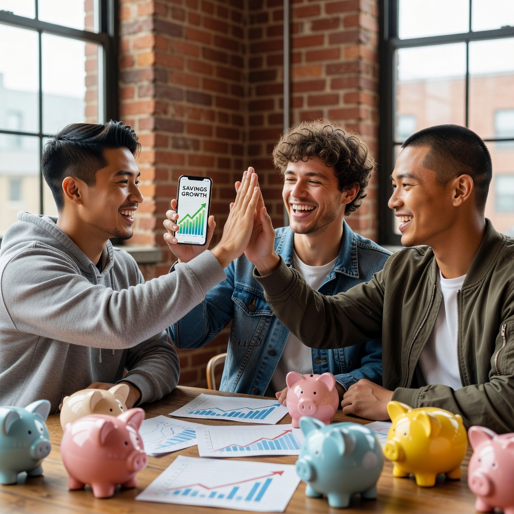 Group of young White and Asian men high-fiving over a shared savings chart on phone, casual setting with piggy banks and growth graphs