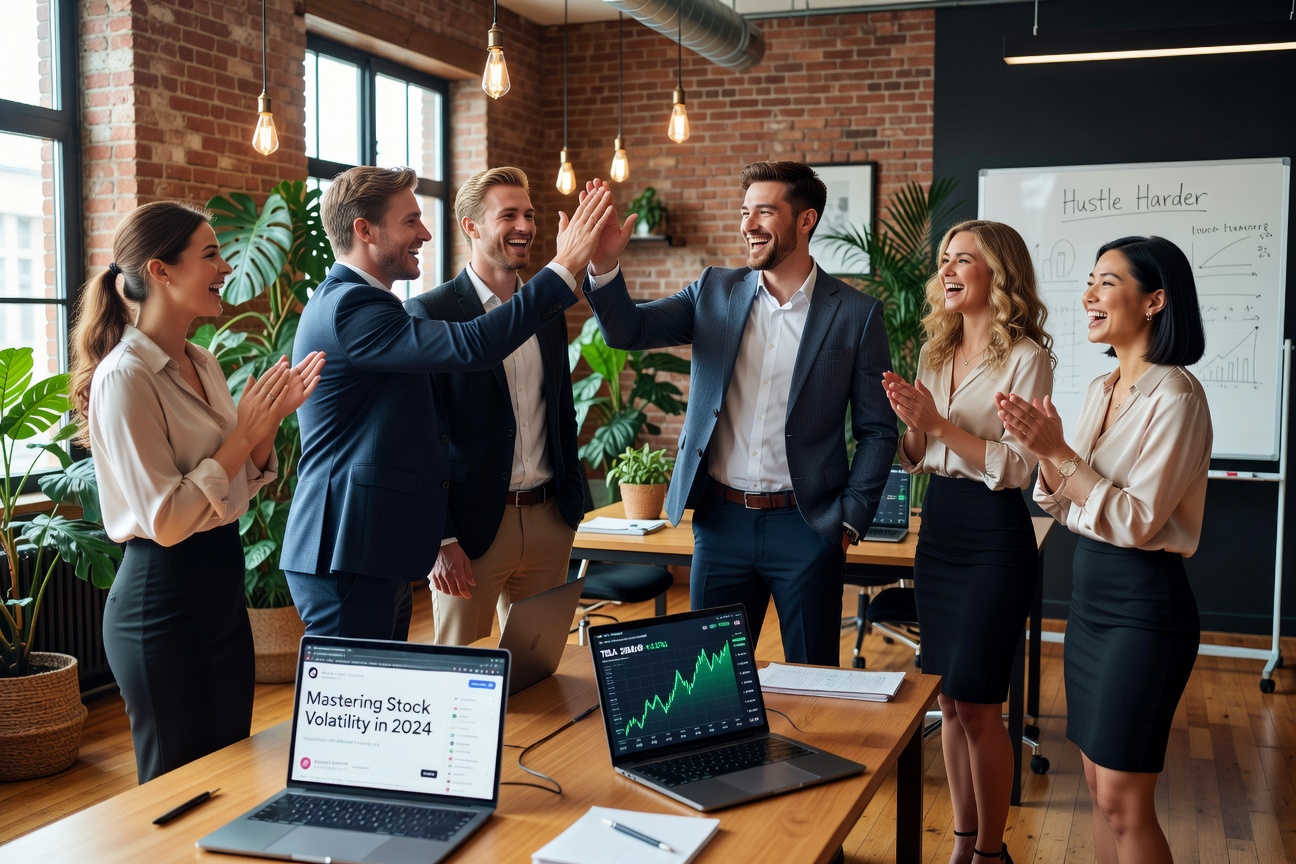 Young White and Asian men brainstorming viral finance trends in a sleek co-working space