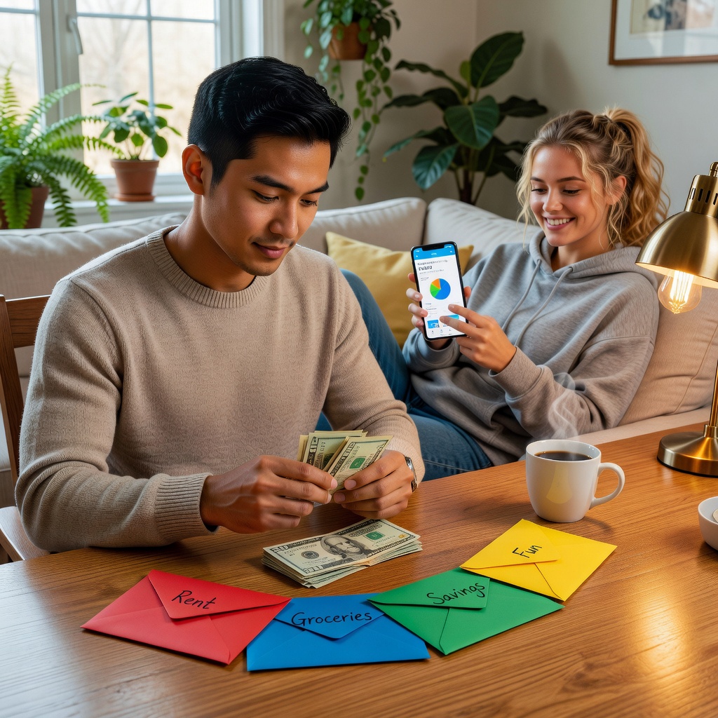 Healthy Asian man cash-stuffing envelopes with cheerful White girlfriend reviewing budget app