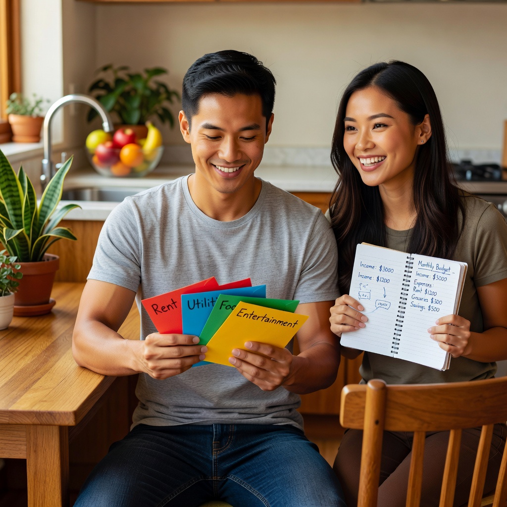 Healthy Asian man in casual attire counting cash envelopes on a kitchen table, with his cheerful girlfriend smiling nearby holding a notebook of budget notes