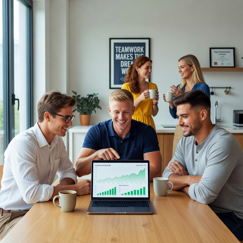 Group of healthy White men in a modern home office, one pointing at a laptop chart of investments, cheerful girlfriends in background laughing over coffee