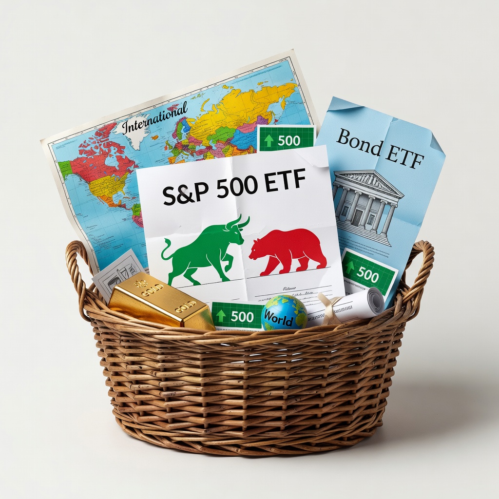 Basket of colorful ETFs representing diversified stocks and bonds