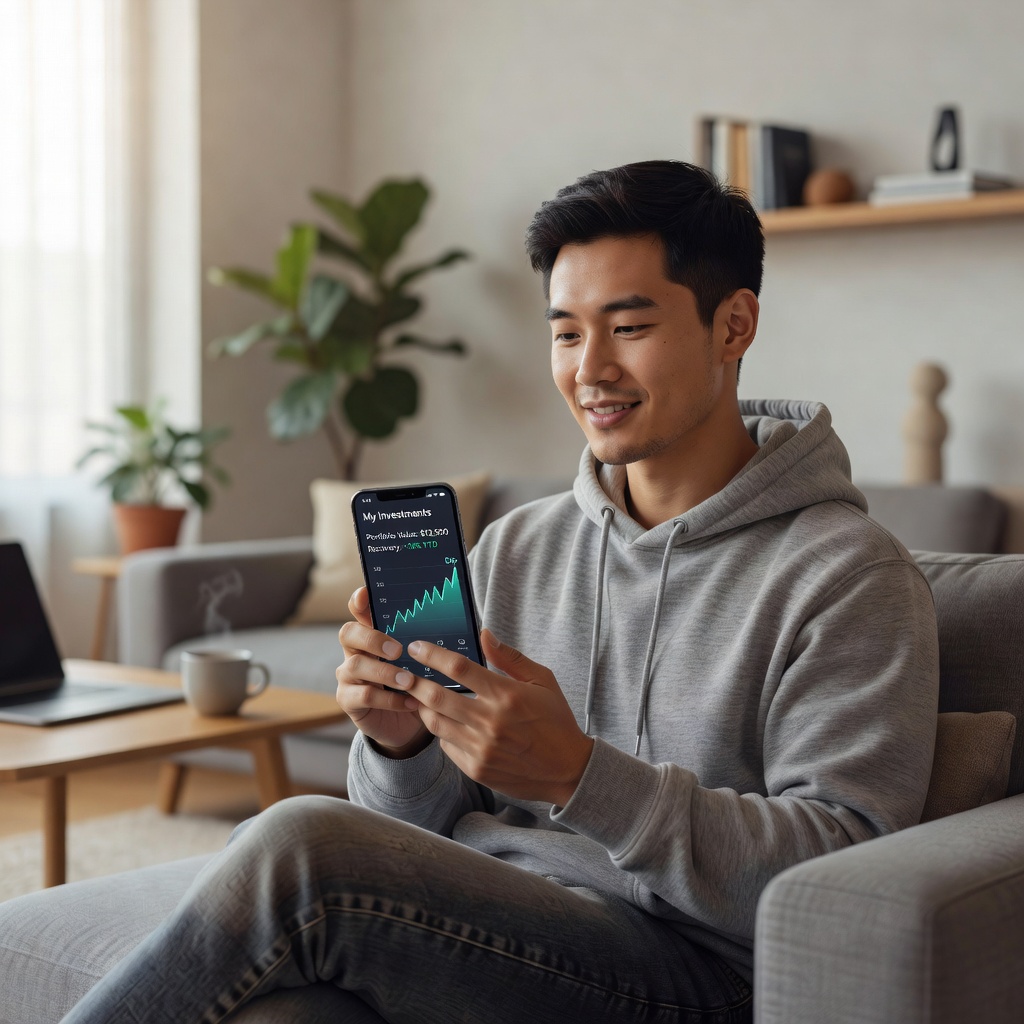 Young investor calmly reviewing balanced portfolio on smartphone