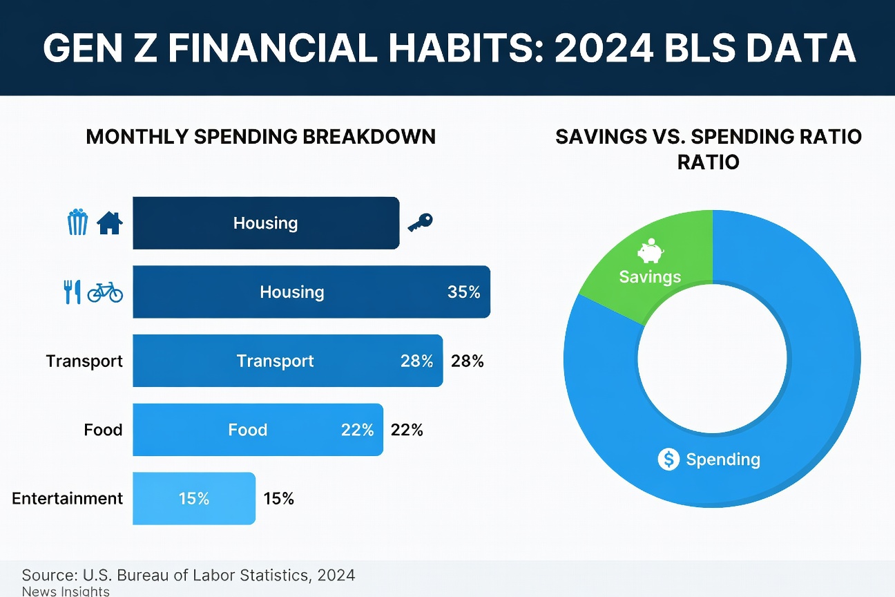 Infographic displaying Gen Z savings rates versus spending categories from 2023-2024 BLS data