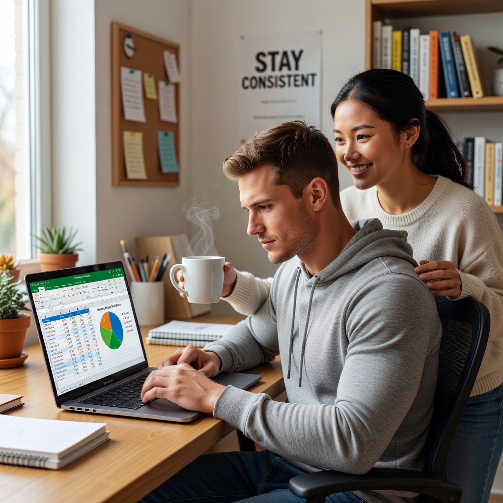 Young White man analyzing budget on laptop surrounded by charts, cheerful Asian girlfriend reviewing app nearby