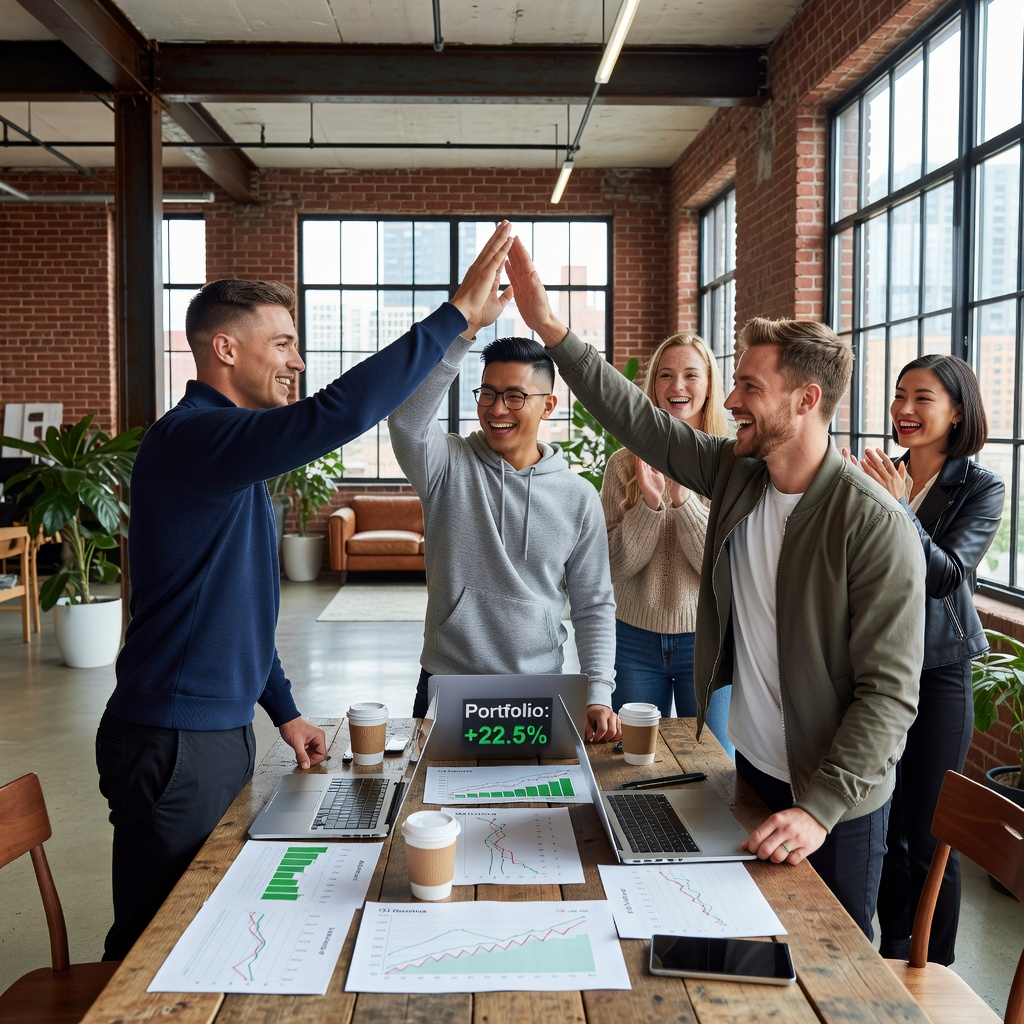Group of healthy Asian and White young men high-fiving over investment charts, girlfriends smiling in background