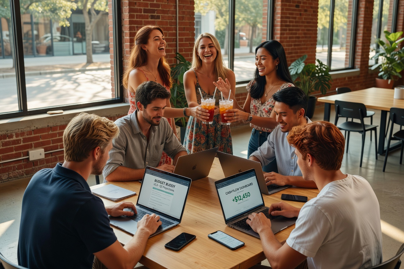 Group of healthy young White and Asian men in Austin co-working space, focused on budgeting apps with cheerful girlfriends nearby