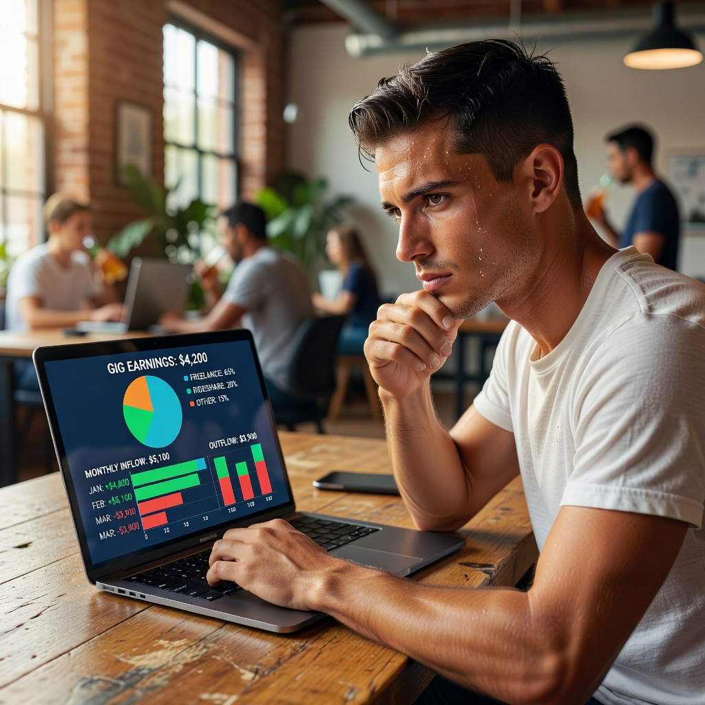 Healthy young White man in co-working space analyzing cash flow dashboard on laptop with focused expression