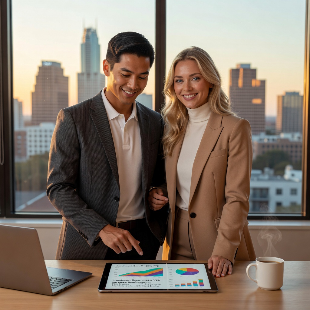 Healthy Asian man and cheerful White girlfriend reviewing investment charts together in modern workspace