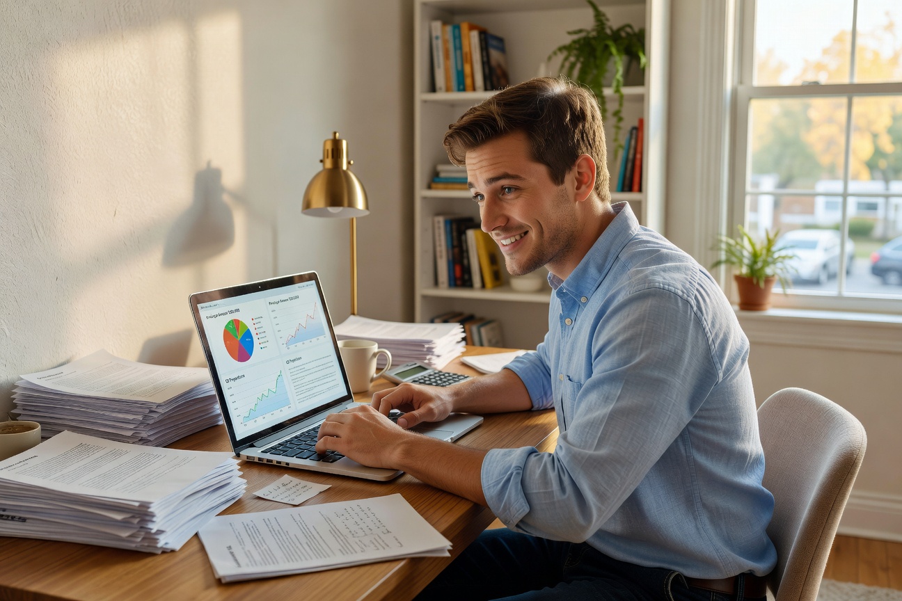 Young White man in his early 20s intently studying financial charts on a laptop amid stacks of loan documents, determined expression in a cozy home office