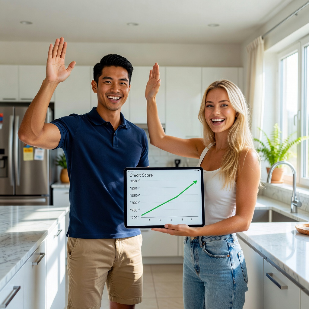 Healthy Asian man in mid-20s high-fiving his cheerful good-looking girlfriend, both smiling broadly while reviewing rising credit graphs on a tablet in a bright kitchen