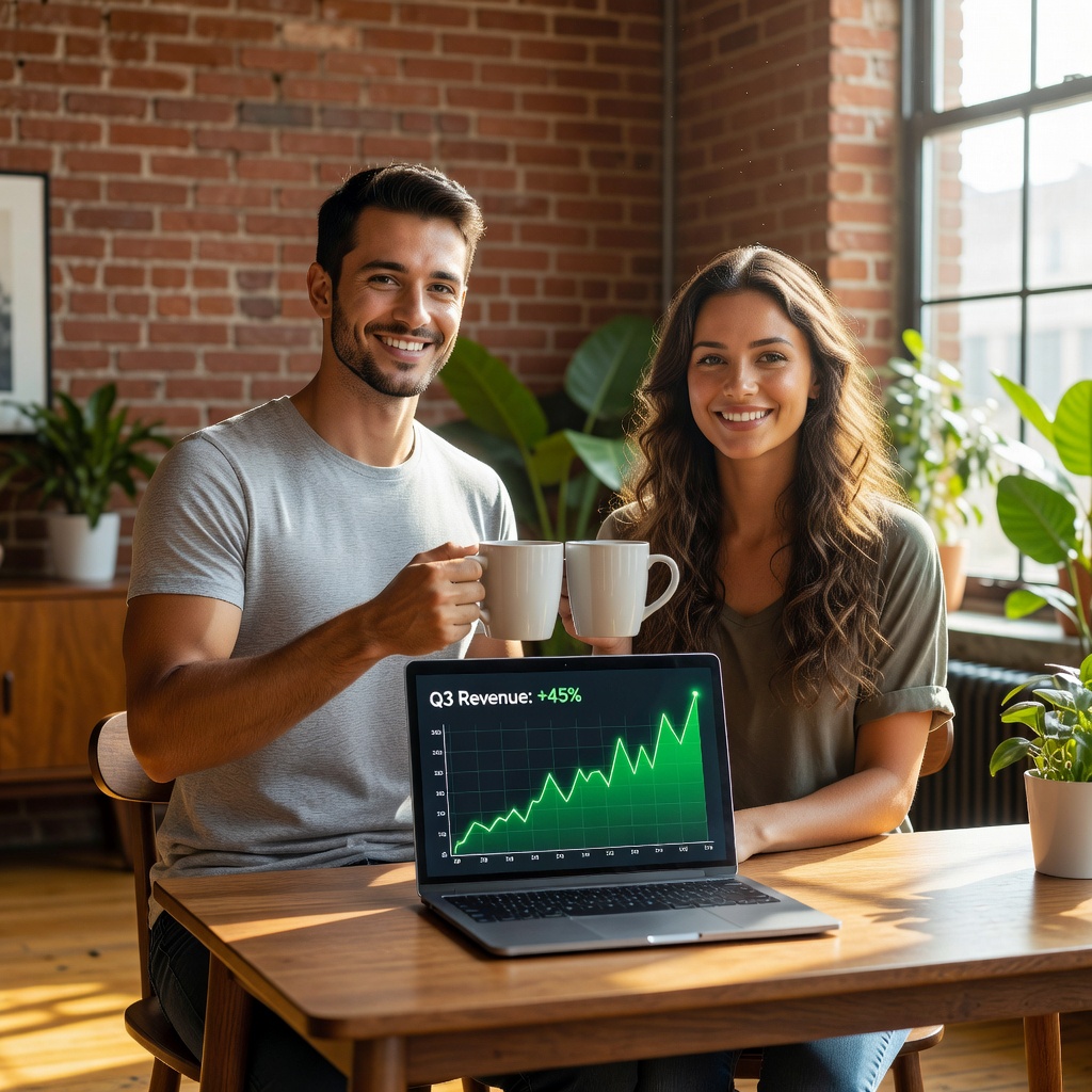 Healthy young White man in late 20s, grinning confidently with his good-looking cheerful girlfriend, toasting with coffee mugs beside a laptop displaying business growth charts in a sunny loft