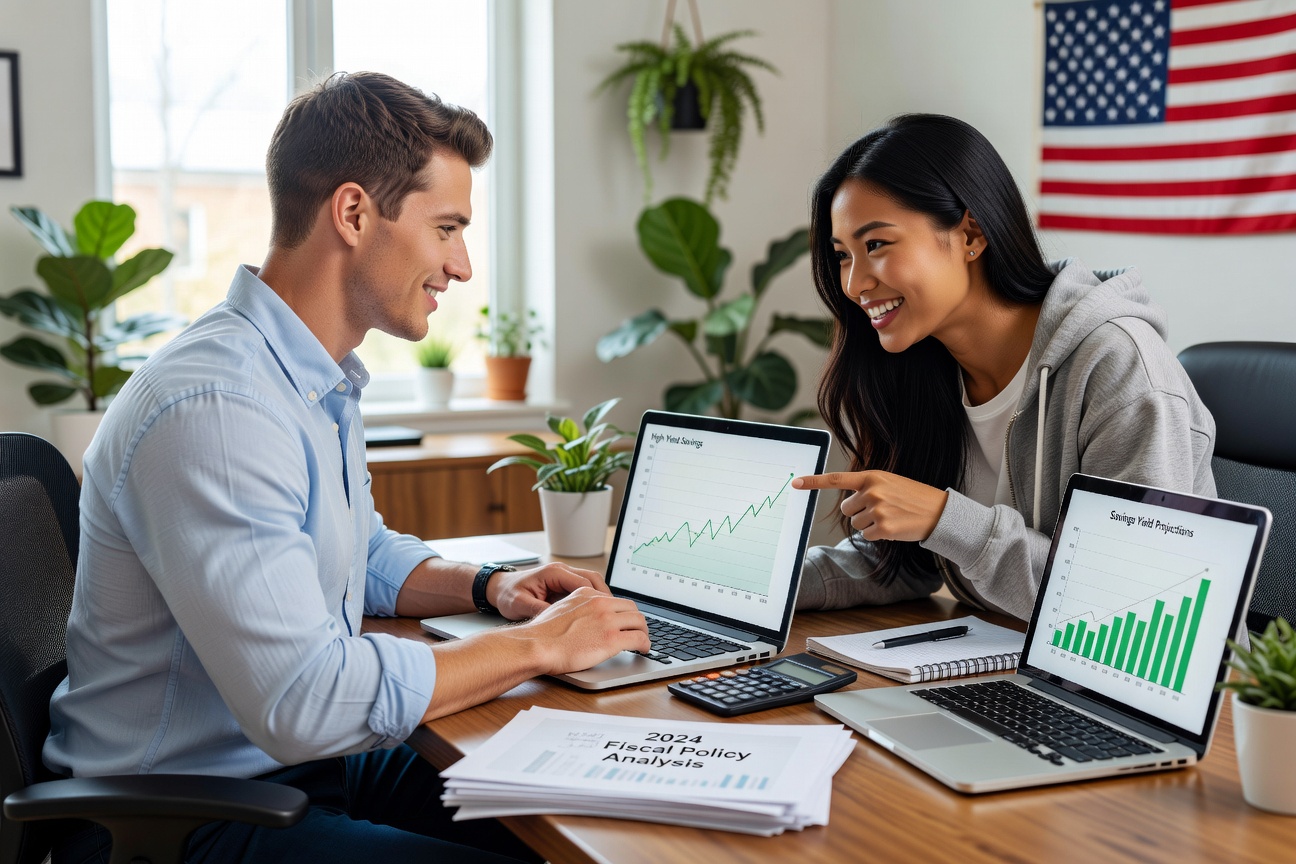 Young White man intently studying fiscal policy charts on a tablet while his cheerful girlfriend points to savings growth graphs beside him in a bright home office