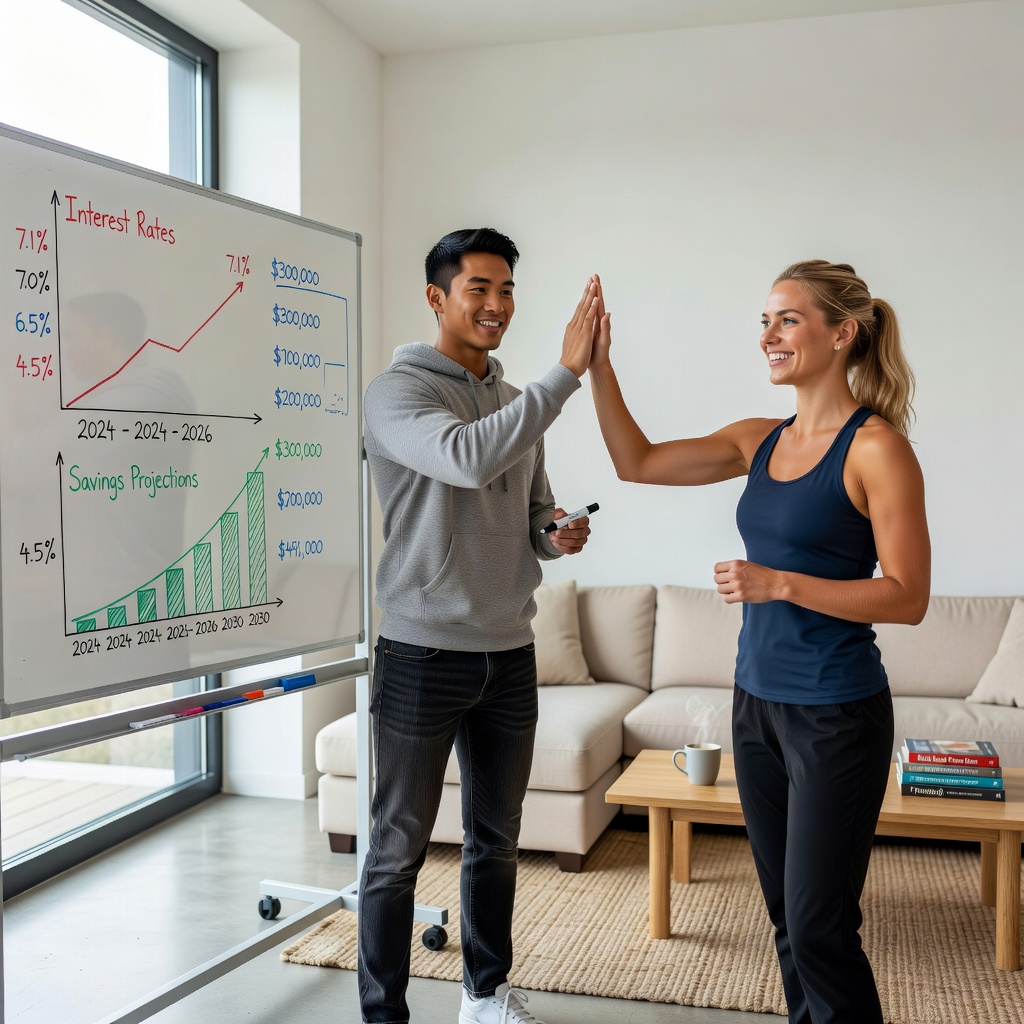Healthy Asian man in casual attire graphing interest rate impacts on a whiteboard, with his attractive cheerful White girlfriend high-fiving him in a minimalist apartment