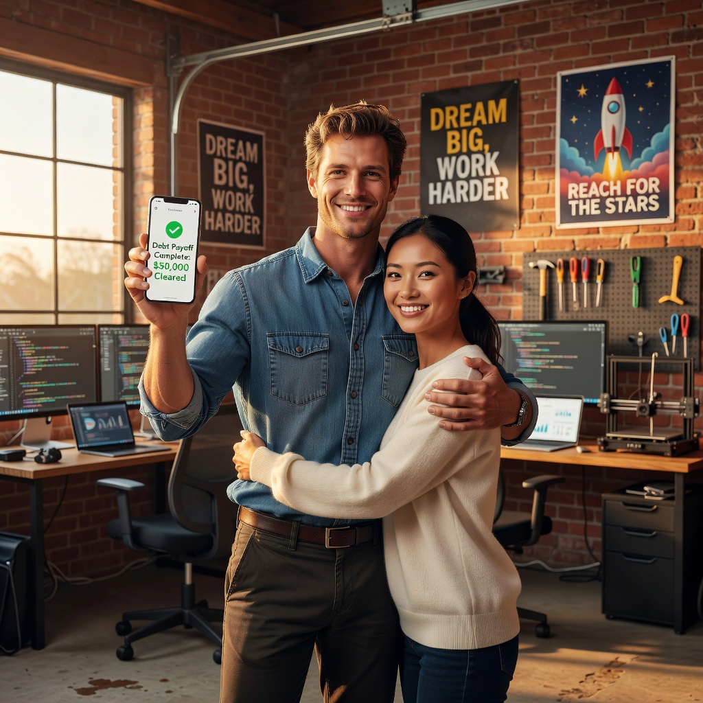 Fit White entrepreneur celebrating loan payoff on phone, embracing his good-looking cheerful Asian girlfriend in a sunny garage startup space