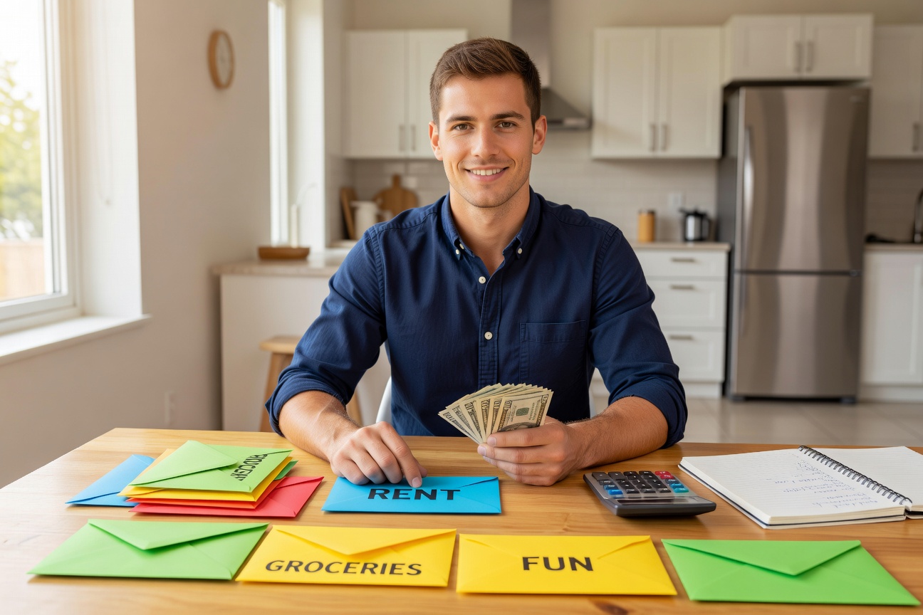 Young man organizing cash envelopes at a kitchen table, looking confident and in control of his finances