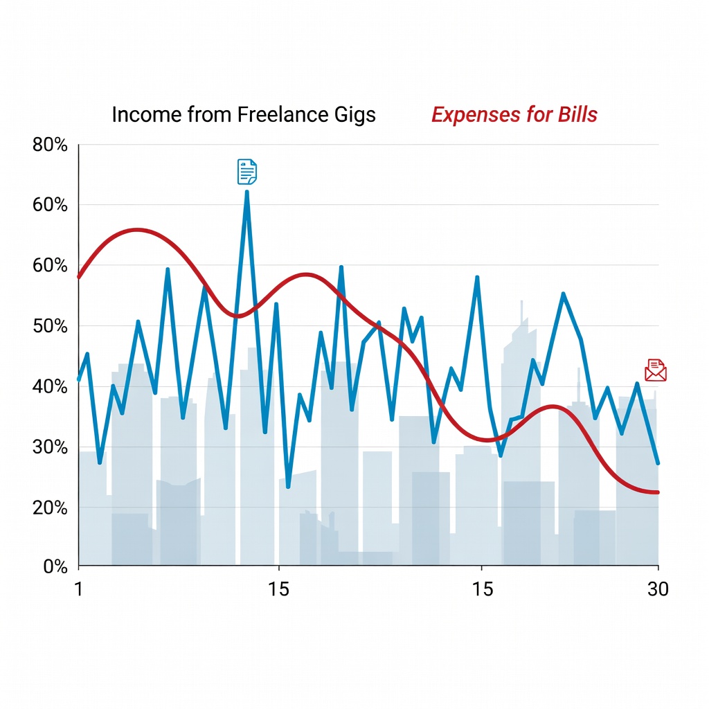 Graph showing income spikes and expense dips over a month for a freelancer