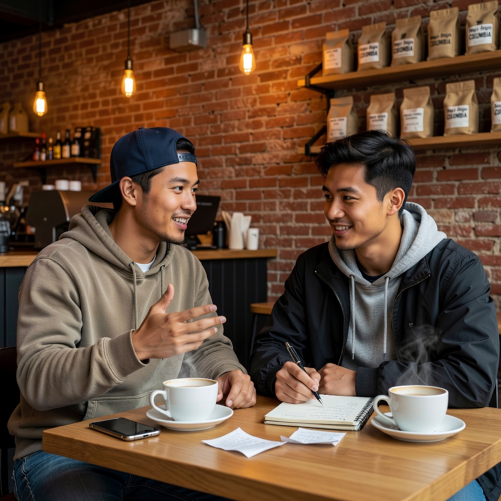 Young Asian man high-fiving friend after sharing loud budgeting plan at a cafe