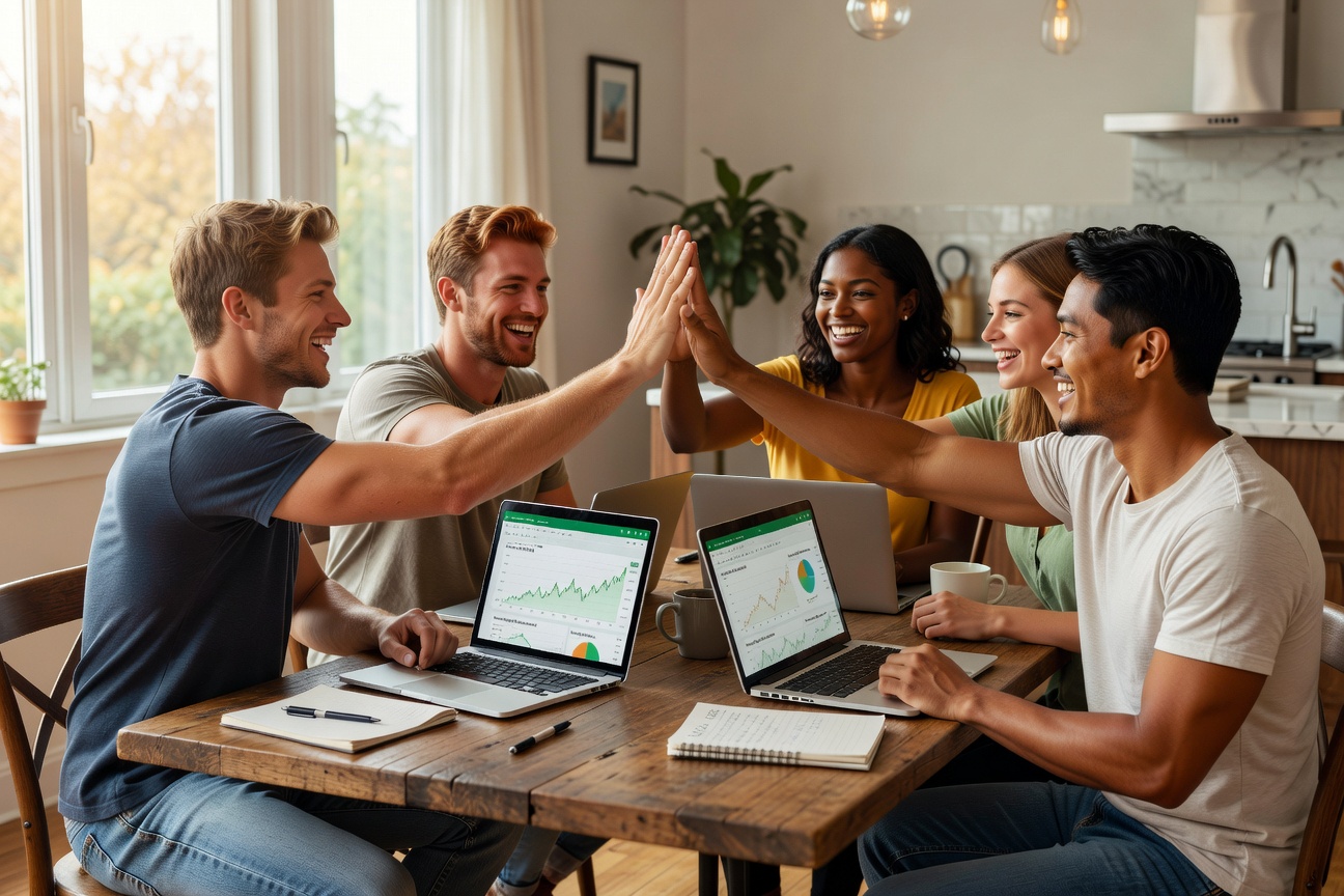Three young men reviewing investment portfolios on laptops in a casual home setting