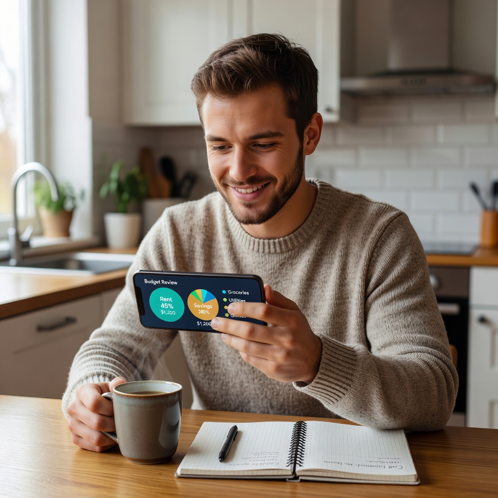 Young man calculating budget on phone in kitchen