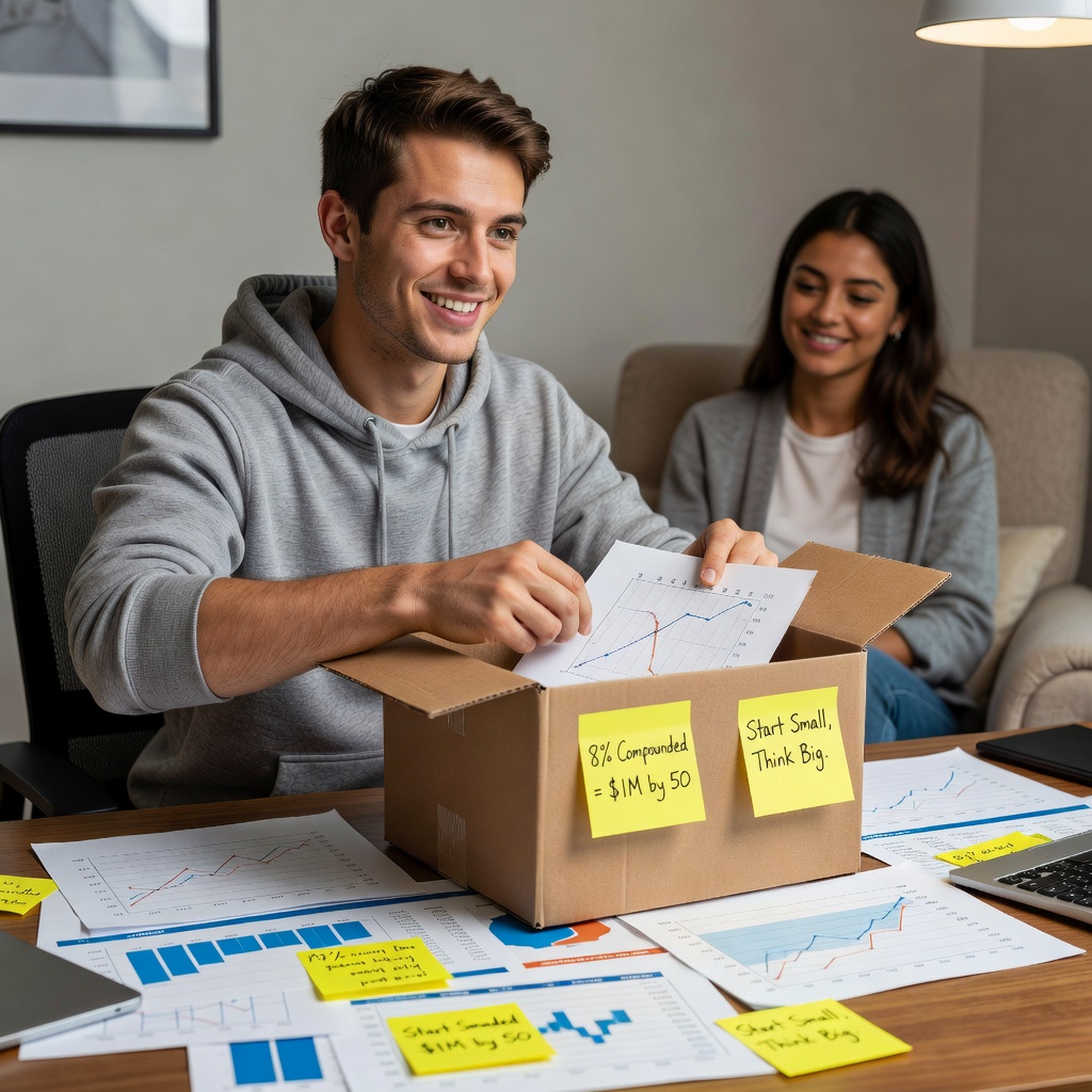 Entrepreneur packaging products with investment charts nearby