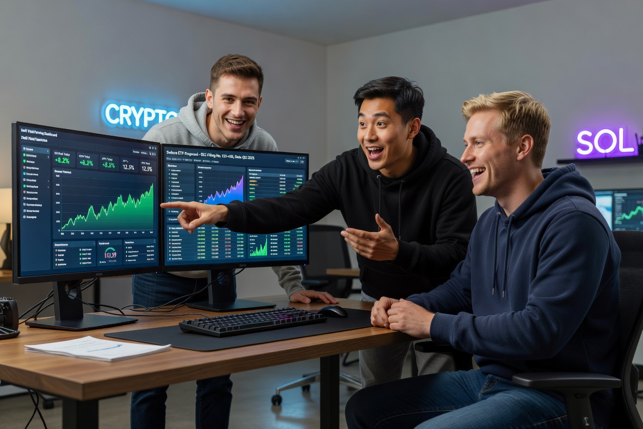 Young White and Asian men reviewing DeFi yields on screens, symbolizing policy-driven gains