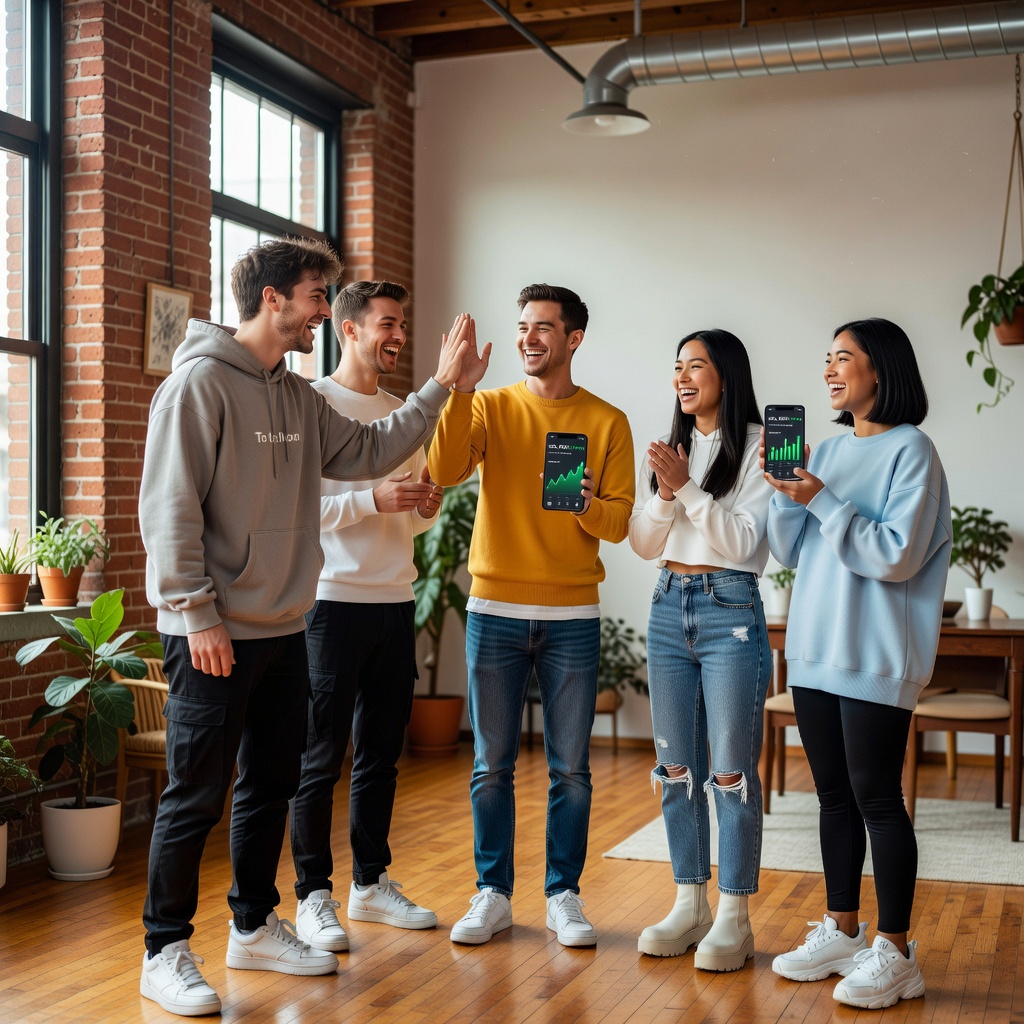 Group of cheerful young men and girlfriends celebrating crypto policy wins