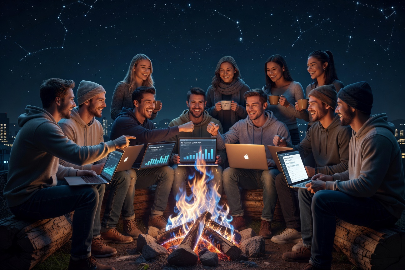 Vibrant digital tribe gathering in a virtual campfire circle, young men collaborating on laptops amid holographic charts