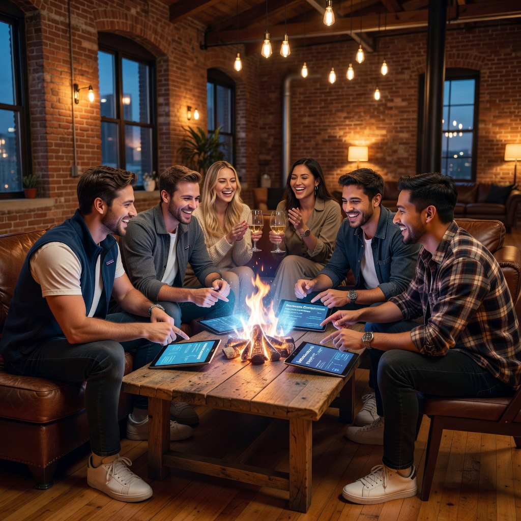 Group of confident young White and Asian men huddled around a campfire in a modern loft, laptops open, laughing with their cheerful girlfriends nearby