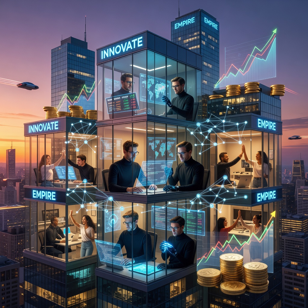 Futuristic cityscape with interconnected glowing networks of young professionals building empires from home offices, girlfriends cheering