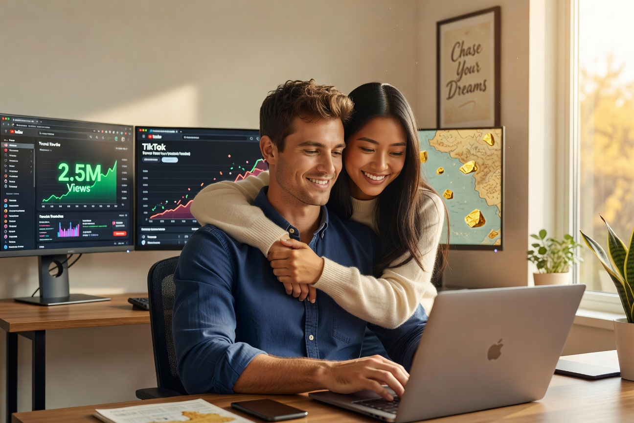 Young entrepreneur coding at sunset desk with partner cheering amid gold rush motifs