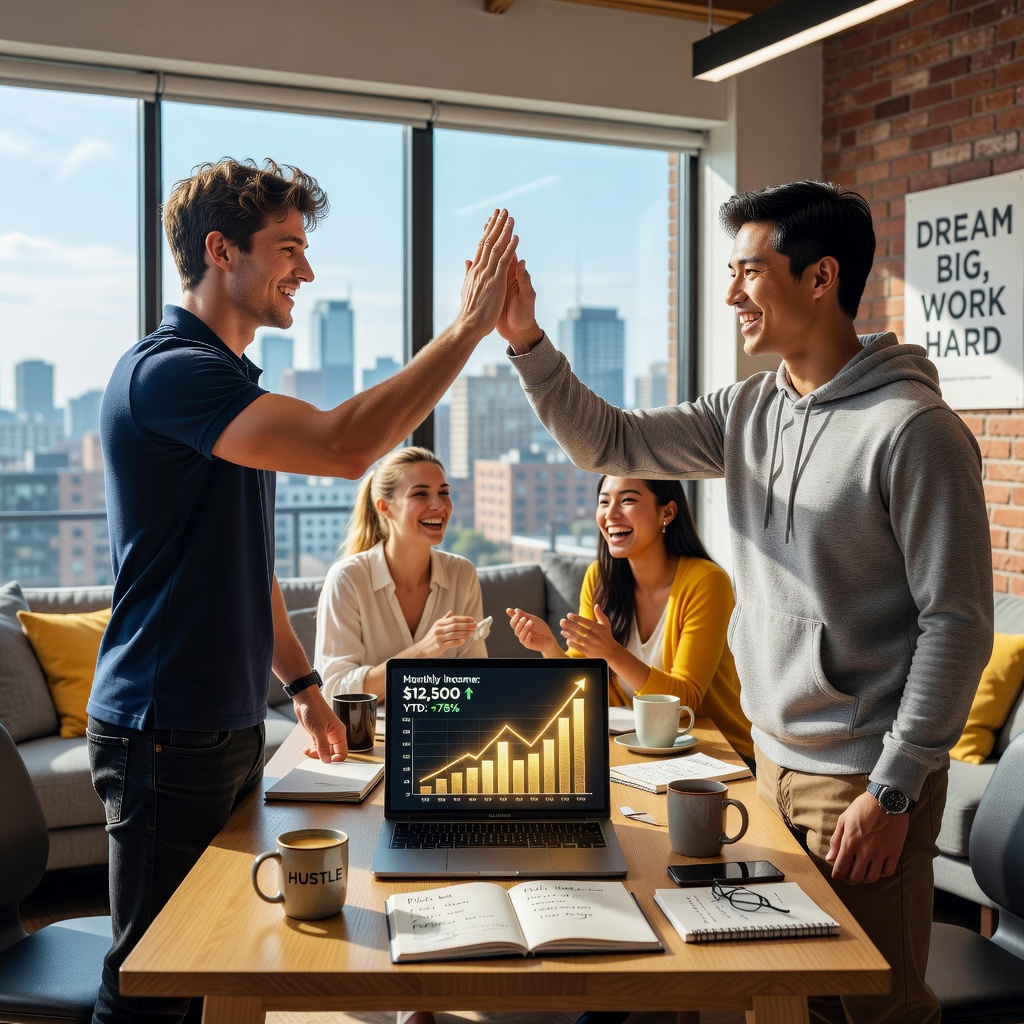 Freelancer duo analyzing charts in vibrant workspace