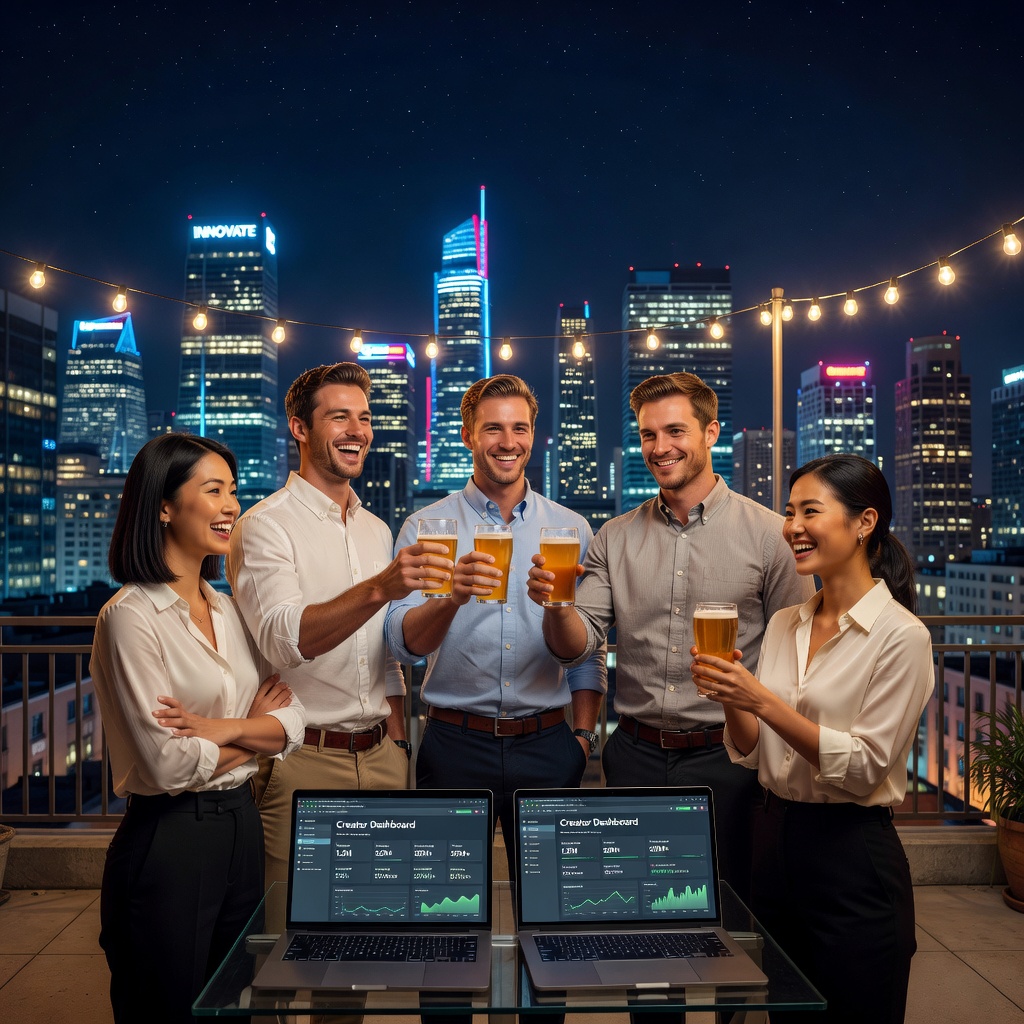 Triumphant creators toasting success with city skyline view