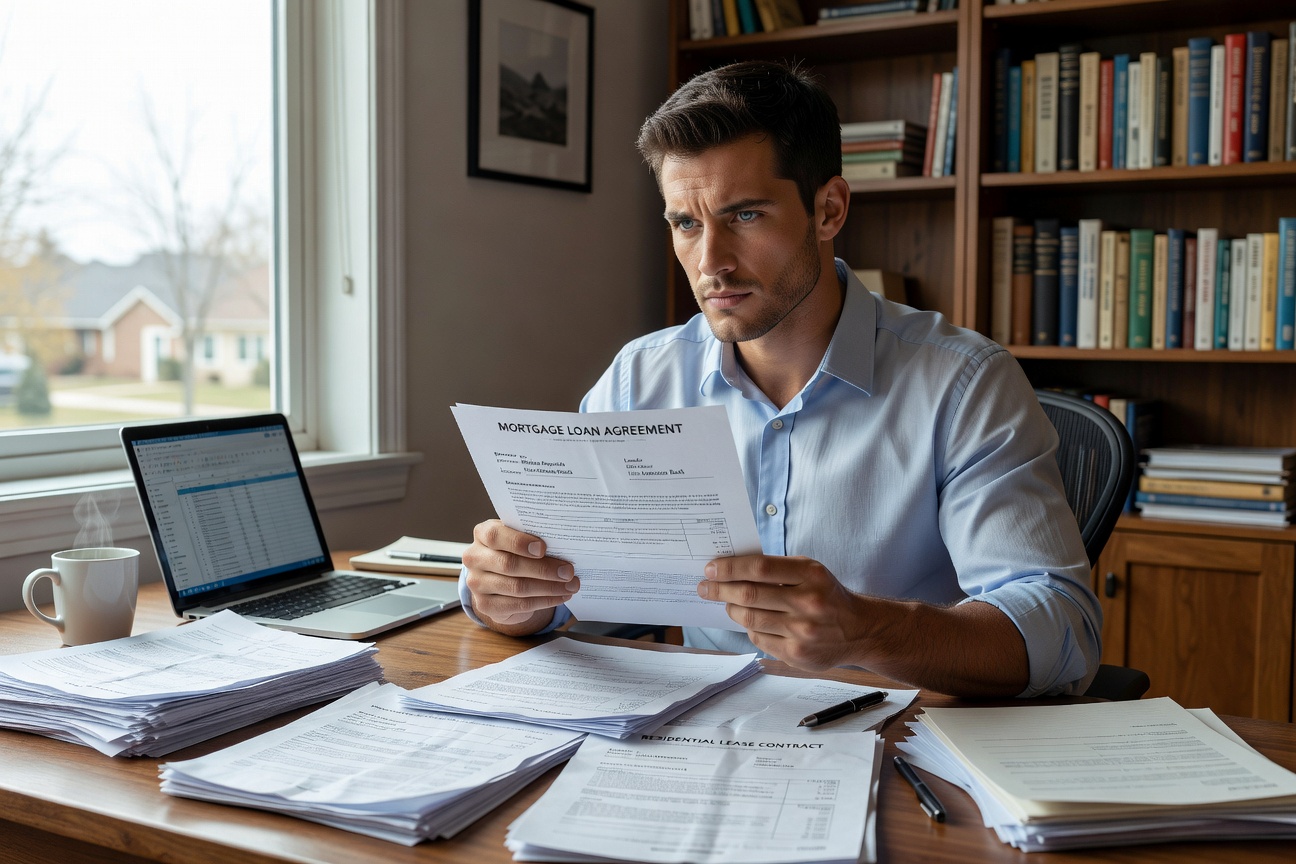 Young White man scrutinizing mortgage documents with skeptical expression