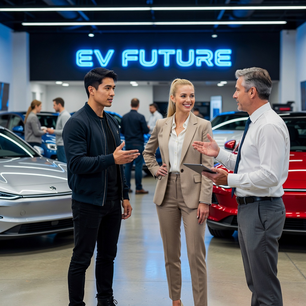 Asian man and cheerful girlfriend negotiating car deal at dealership