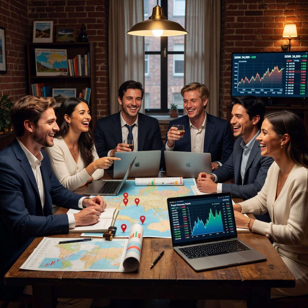 Group of healthy White and Asian men with girlfriends planning investments over travel maps