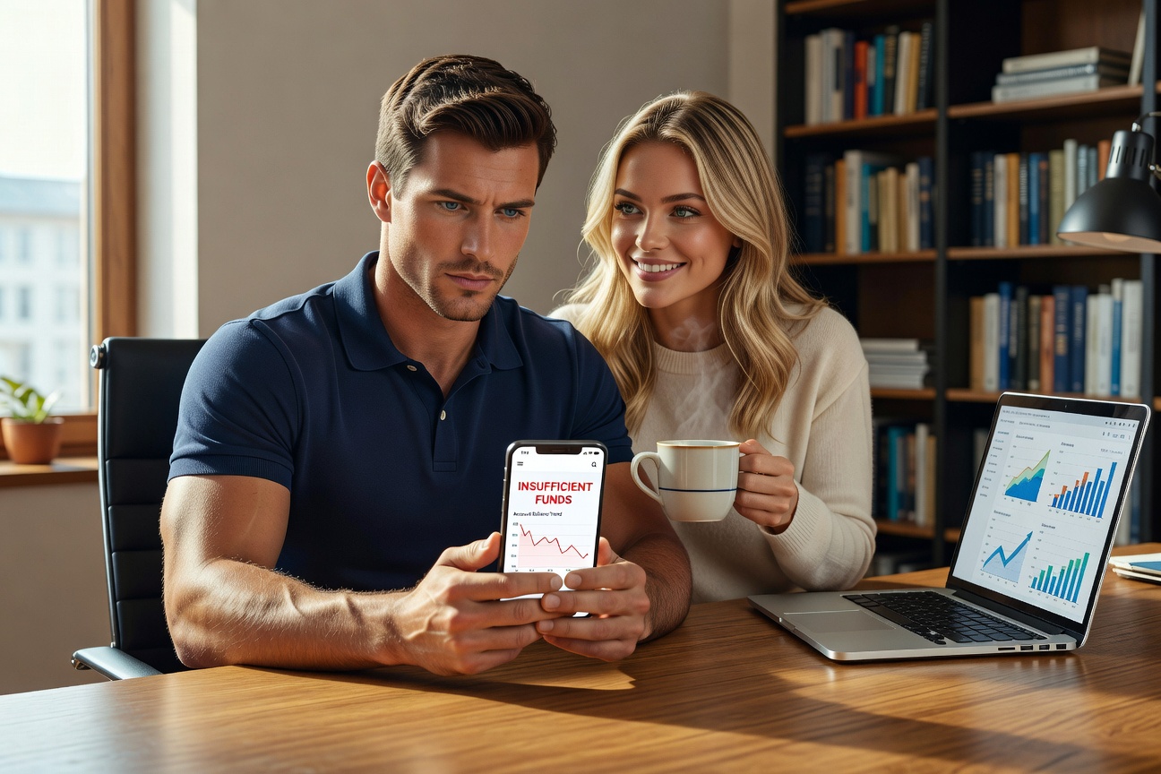 Young man scrutinizing neobank app on phone amid financial charts