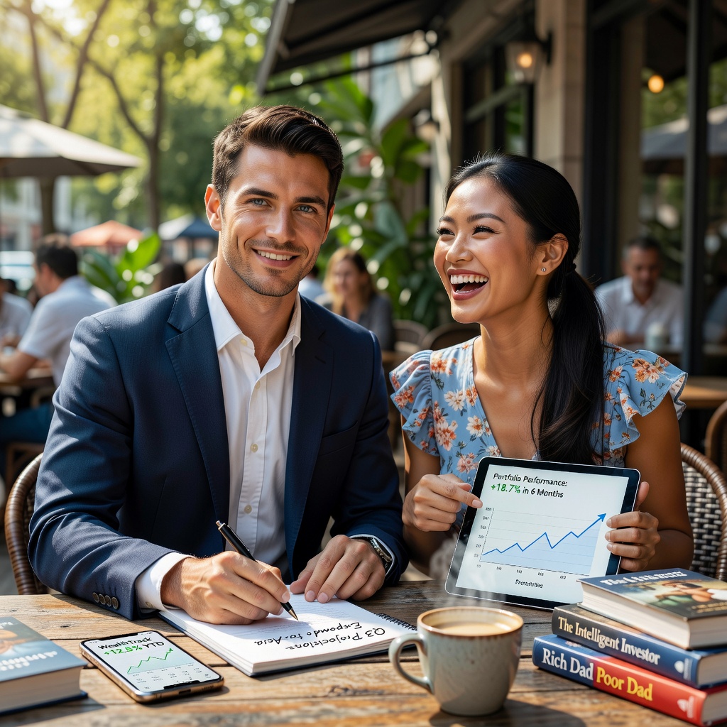 Entrepreneurial duo plotting finances over coffee with apps in background