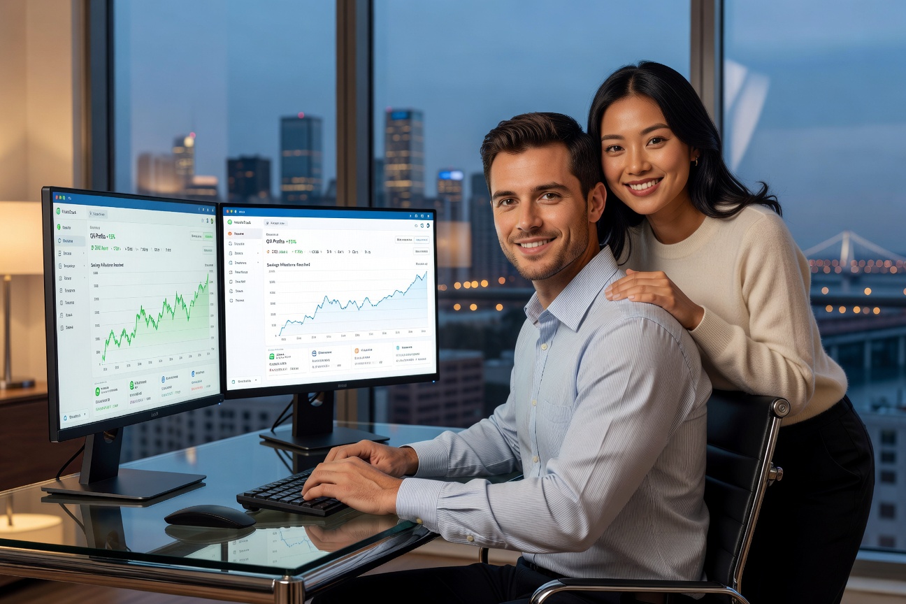 Young entrepreneur charting financial growth inspired by social trends