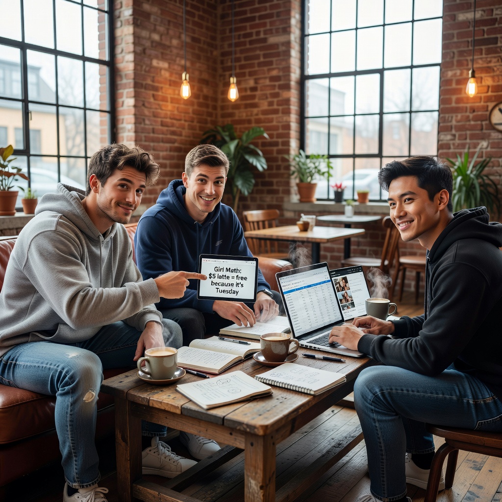 Group of young men discussing budget strategies over coffee