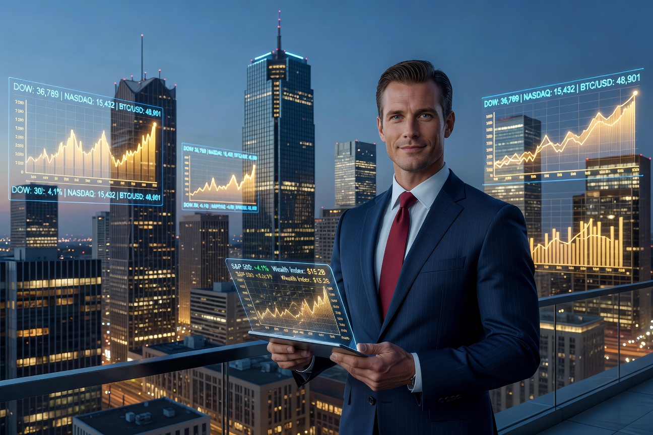 Futuristic cityscape with young White entrepreneur overlooking skyline, surrounded by holographic finance charts
